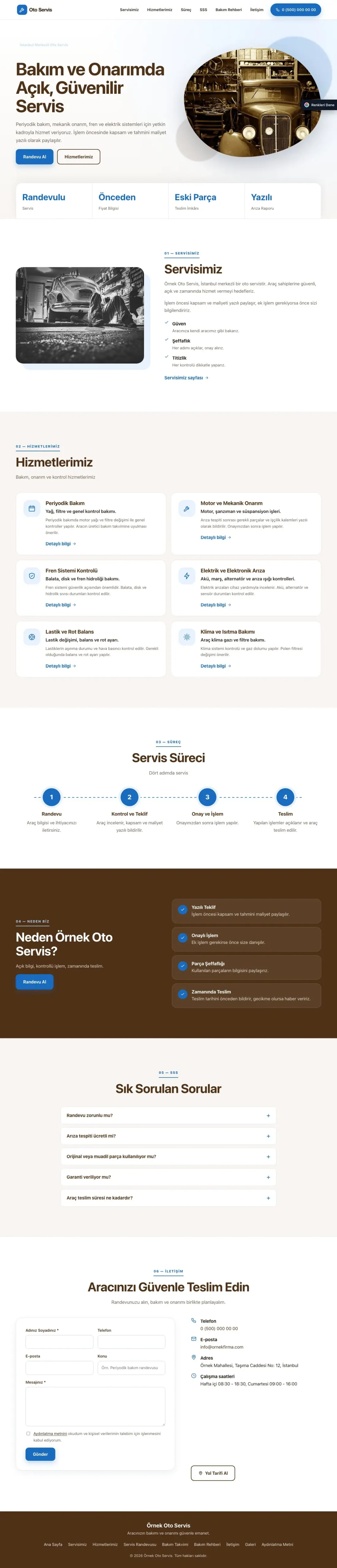 Oto Servis için Tek Sayfa Kahve Mavi – Oto Servis Web Sitesi ana sayfa görünümü