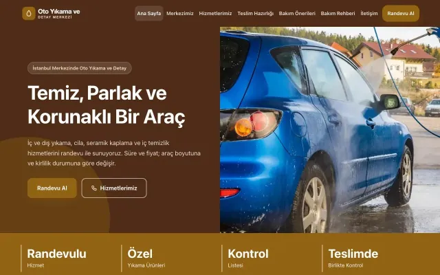 Blok Kahve Turuncu – Oto Yıkama Web Sitesi ana sayfa görünümü