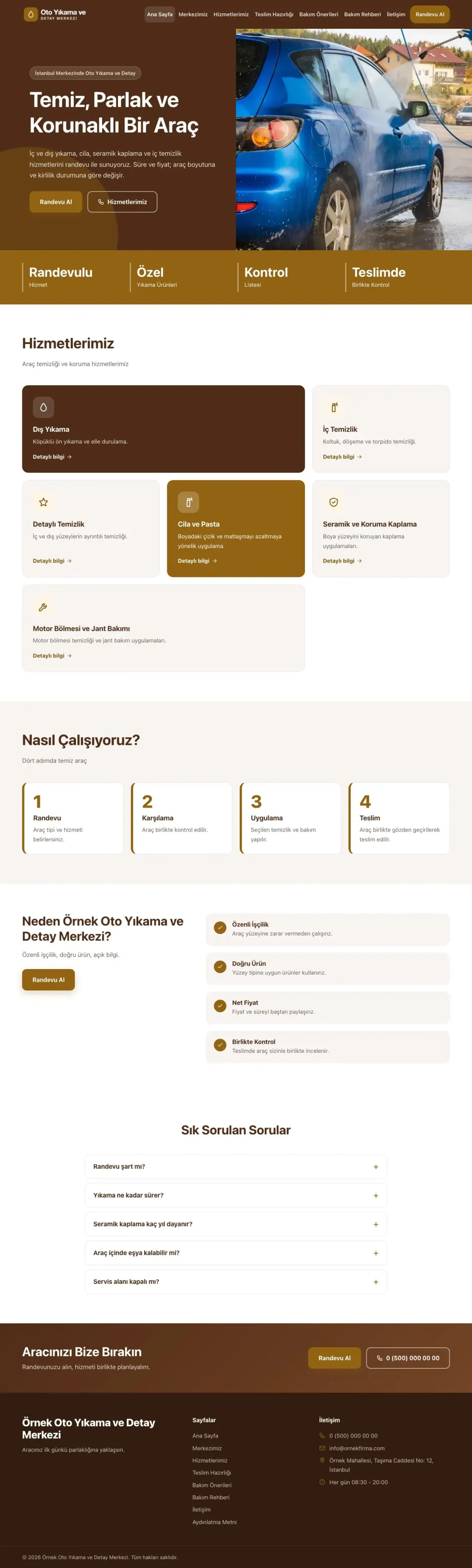 Blok Kahve Turuncu – Oto Yıkama Web Sitesi ana sayfa görünümü