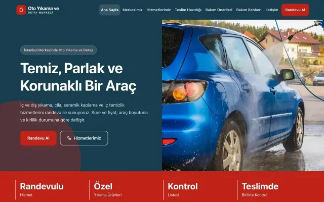 Blok Mavi Kırmızı – Oto Yıkama Web Sitesi ana sayfa görünümü