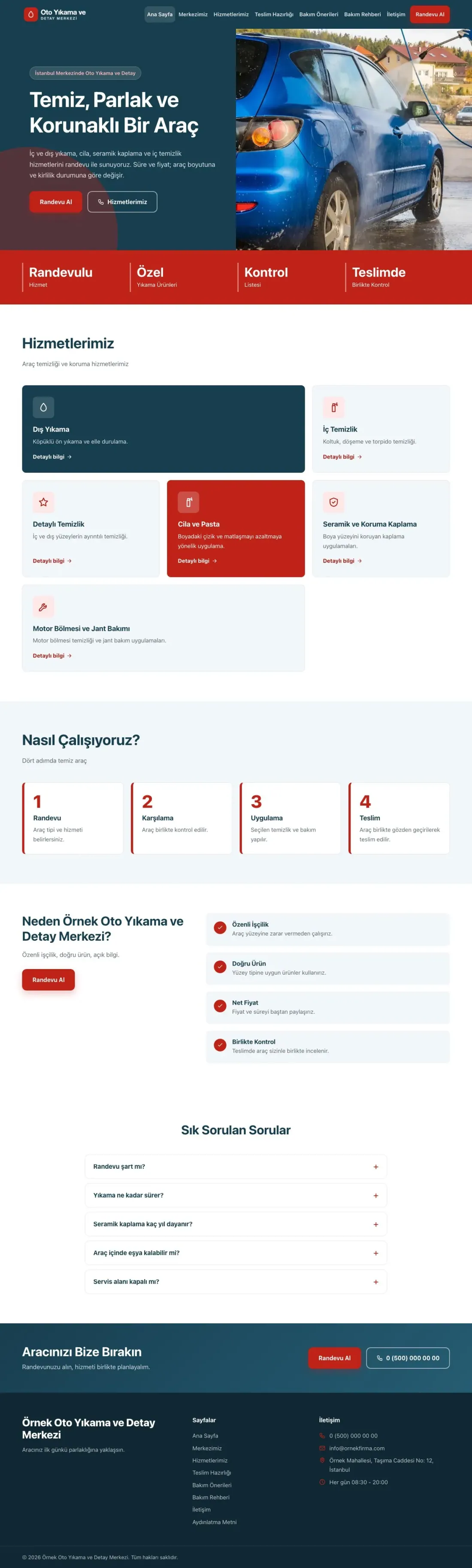 Blok Mavi Kırmızı – Oto Yıkama Web Sitesi ana sayfa görünümü