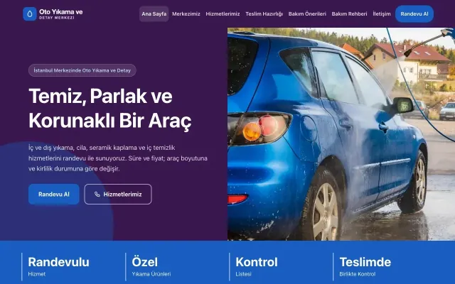 Blok Mor Mavi – Oto Yıkama Web Sitesi ana sayfa görünümü