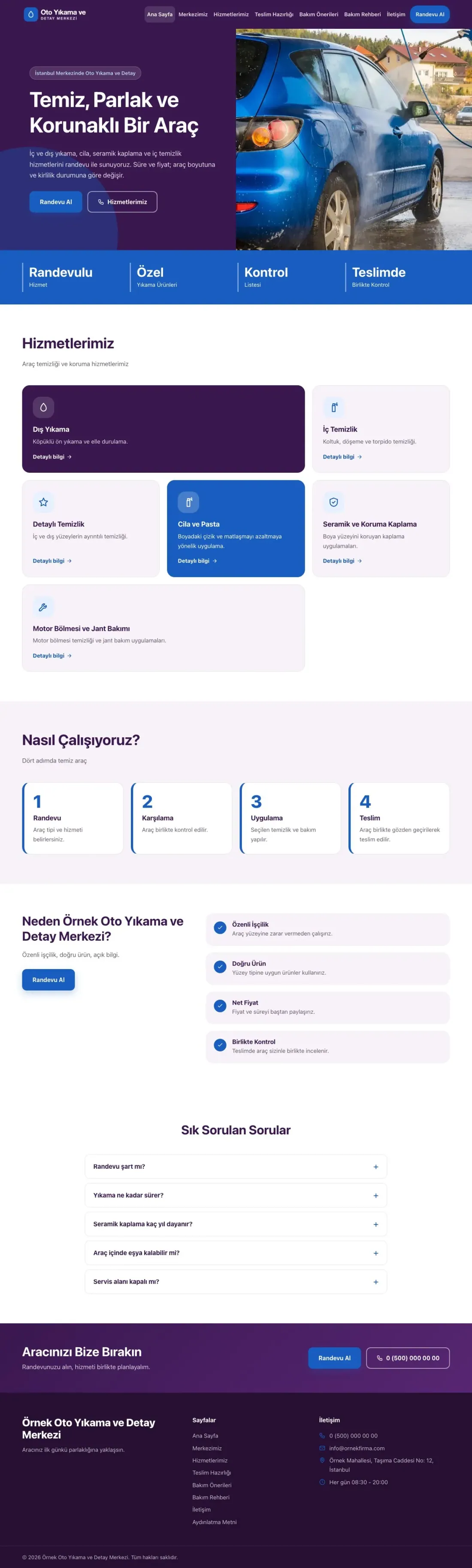 Blok Mor Mavi – Oto Yıkama Web Sitesi ana sayfa görünümü