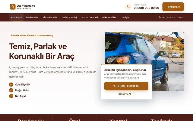 Bölünmüş Bordo Turuncu – Oto Yıkama Web Sitesi ana sayfa görünümü