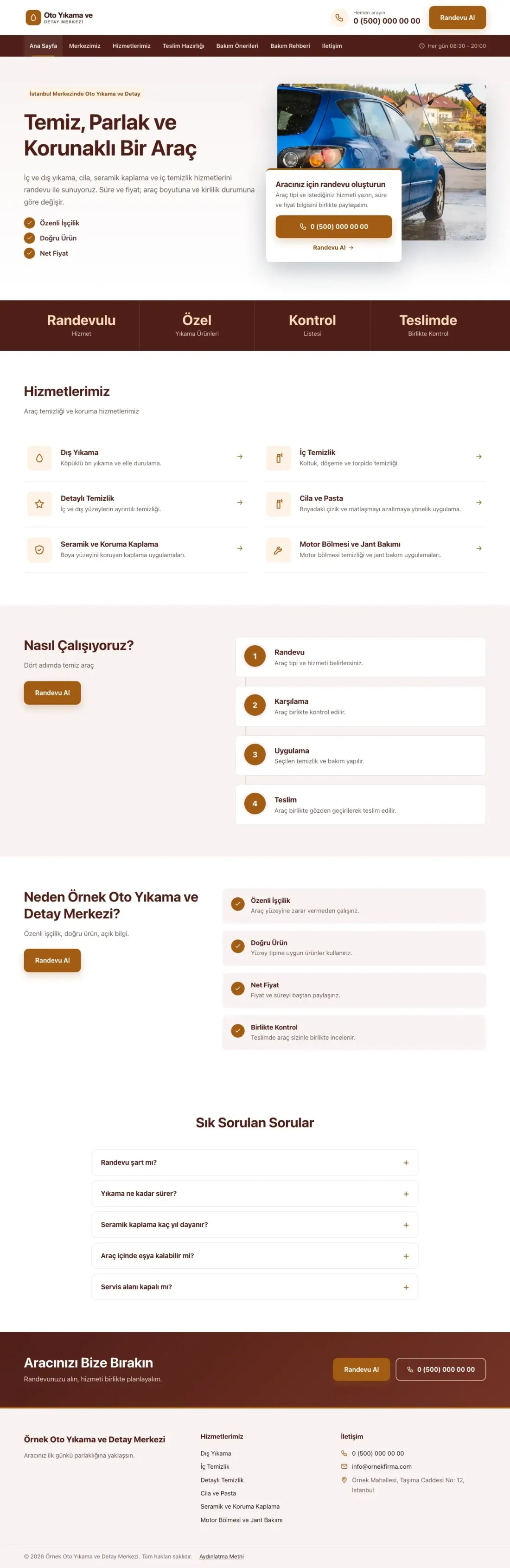 Bölünmüş Bordo Turuncu – Oto Yıkama Web Sitesi ana sayfa görünümü