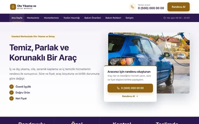 Bölünmüş Mor Turuncu – Oto Yıkama Web Sitesi ana sayfa görünümü
