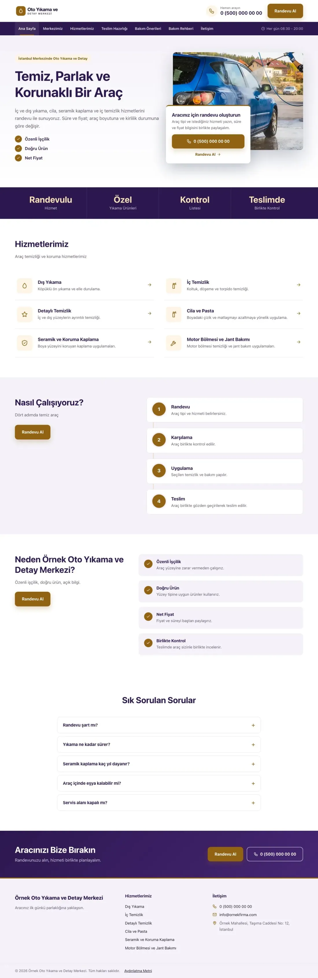 Bölünmüş Mor Turuncu – Oto Yıkama Web Sitesi ana sayfa görünümü