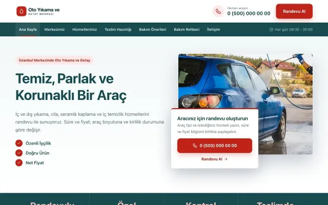 Bölünmüş Petrol Kırmızı – Oto Yıkama Web Sitesi ana sayfa görünümü