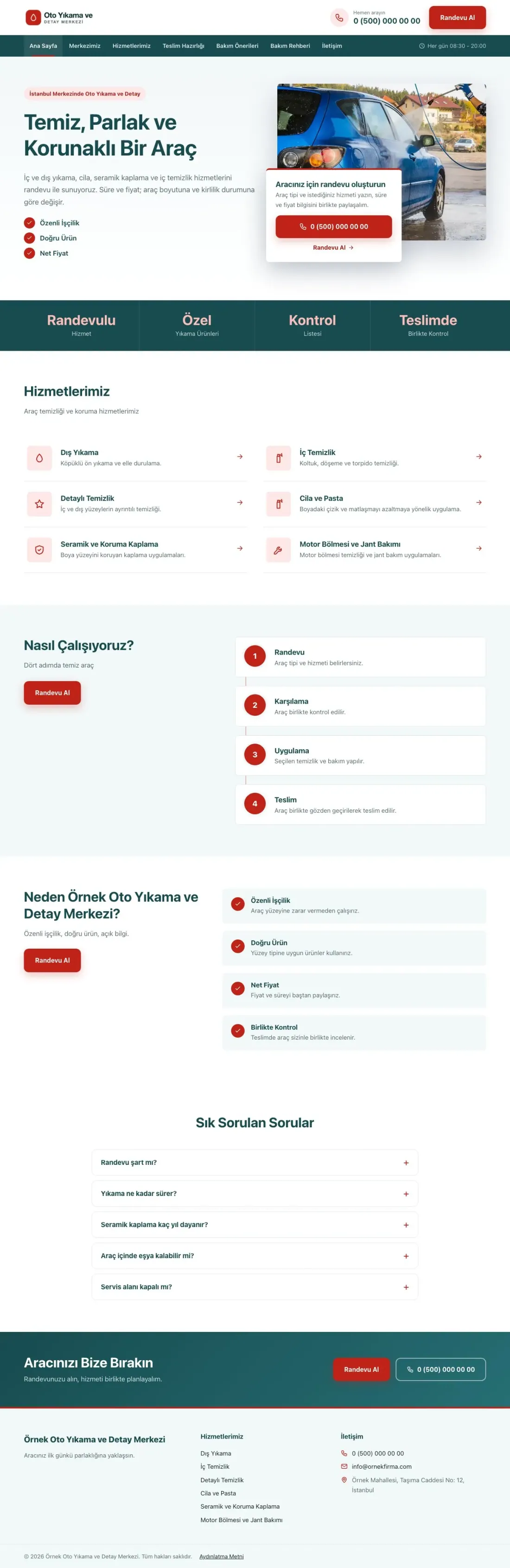Bölünmüş Petrol Kırmızı – Oto Yıkama Web Sitesi ana sayfa görünümü
