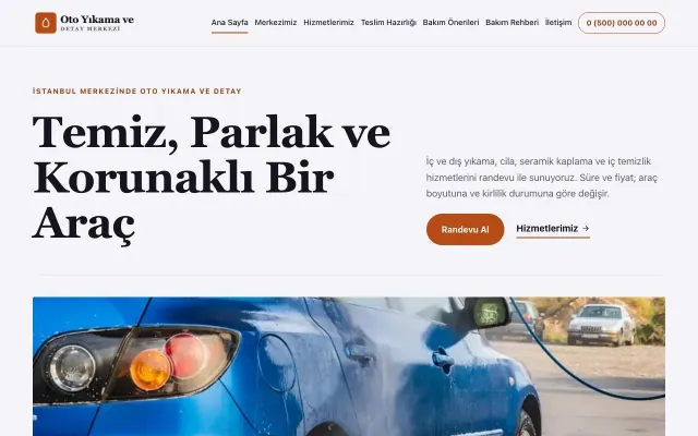 Editoryal Lacivert Turuncu – Oto Yıkama Web Sitesi ana sayfa görünümü