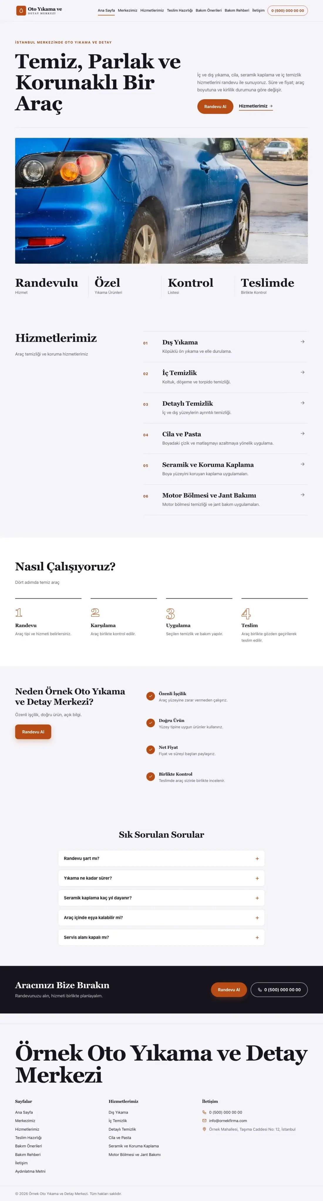 Editoryal Lacivert Turuncu – Oto Yıkama Web Sitesi ana sayfa görünümü