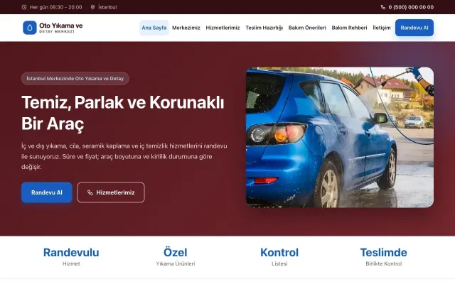 Klasik Bordo Mavi – Oto Yıkama Web Sitesi ana sayfa görünümü