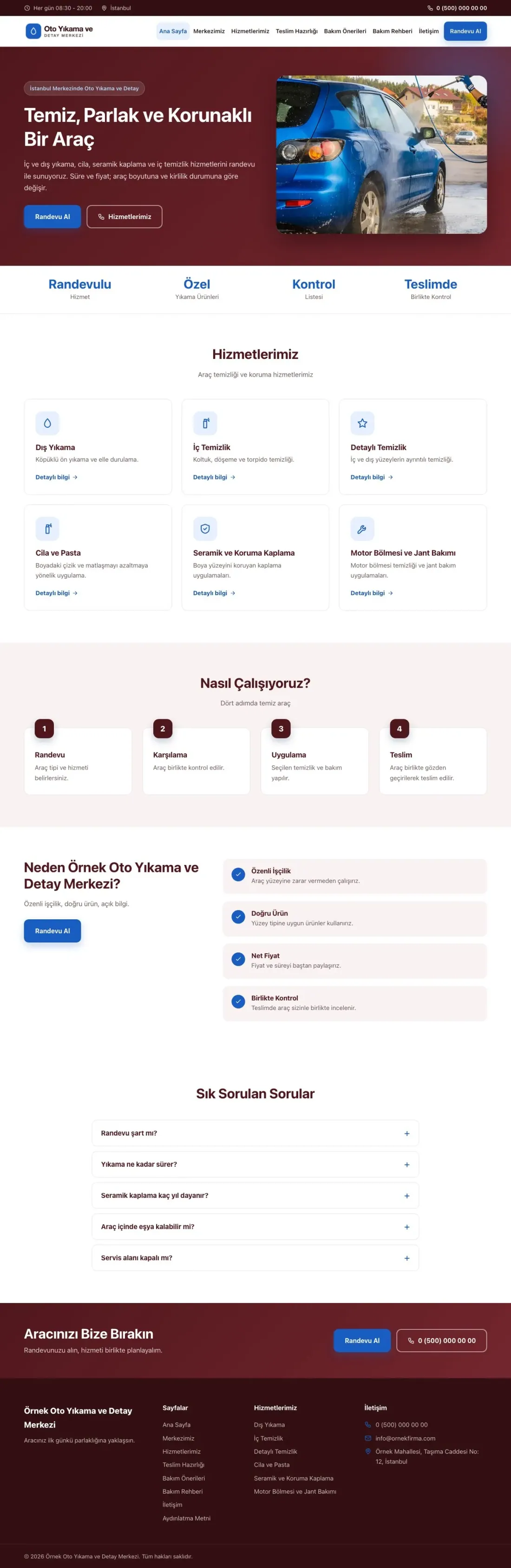 Klasik Bordo Mavi – Oto Yıkama Web Sitesi ana sayfa görünümü