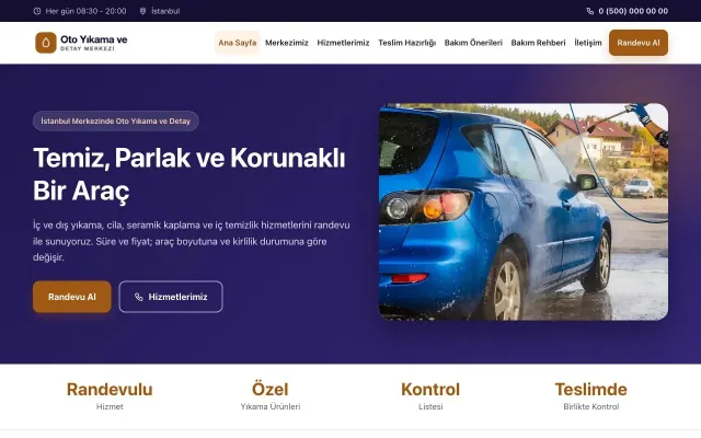 Klasik Lacivert Turuncu – Oto Yıkama Web Sitesi ana sayfa görünümü