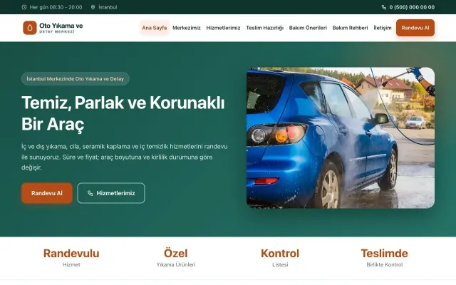 Klasik Petrol Turuncu – Oto Yıkama Web Sitesi ana sayfa görünümü