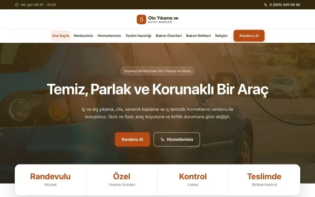Merkez Kahve Turuncu – Oto Yıkama Web Sitesi ana sayfa görünümü