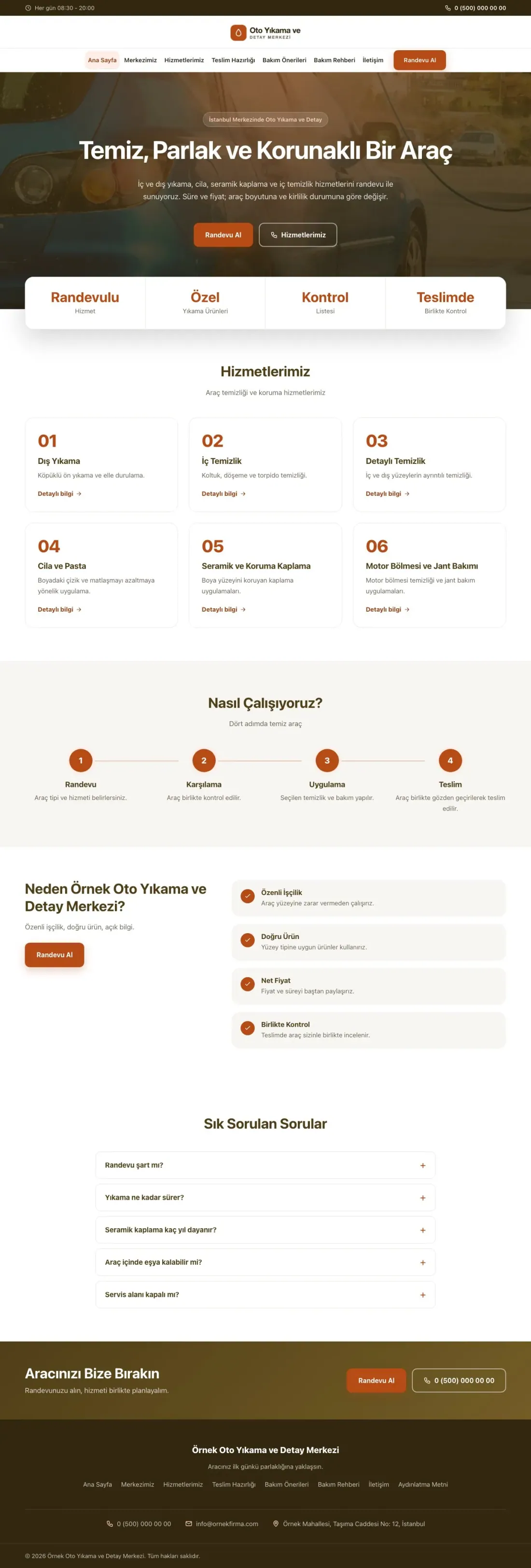 Merkez Kahve Turuncu – Oto Yıkama Web Sitesi ana sayfa görünümü