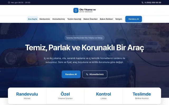 Merkez Lacivert Mavi – Oto Yıkama Web Sitesi ana sayfa görünümü