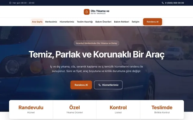 Merkez Mavi Turuncu – Oto Yıkama Web Sitesi ana sayfa görünümü