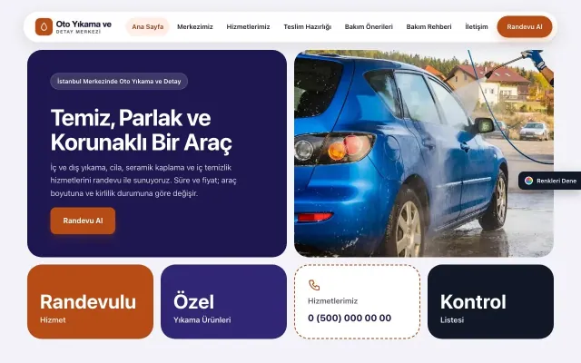 Oto Yıkama için Mozaik Lacivert Turuncu – Oto Yıkama Web Sitesi ana sayfa görünümü