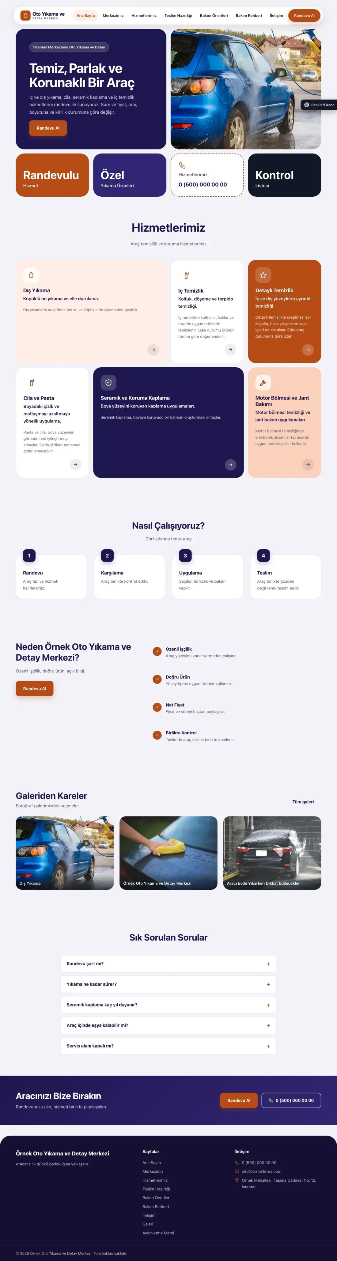 Oto Yıkama için Mozaik Lacivert Turuncu – Oto Yıkama Web Sitesi ana sayfa görünümü