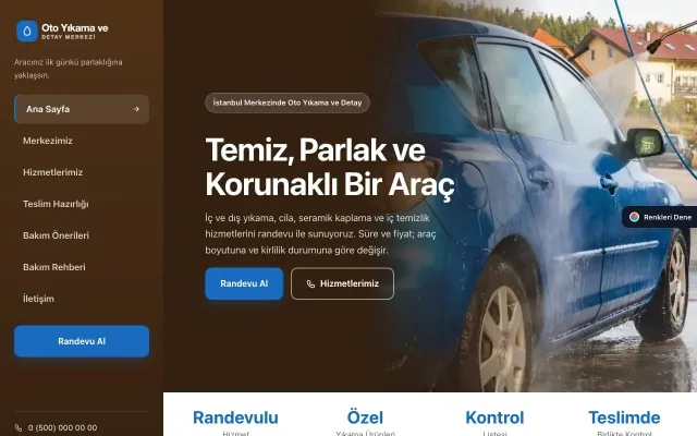 Oto Yıkama için Sol Menü Kahve Mavi – Oto Yıkama Web Sitesi ana sayfa görünümü