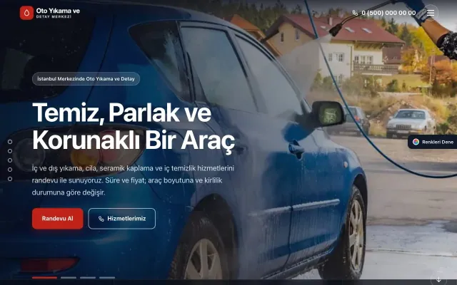 Oto Yıkama için Tam Ekran Mavi Kırmızı – Oto Yıkama Web Sitesi ana sayfa görünümü