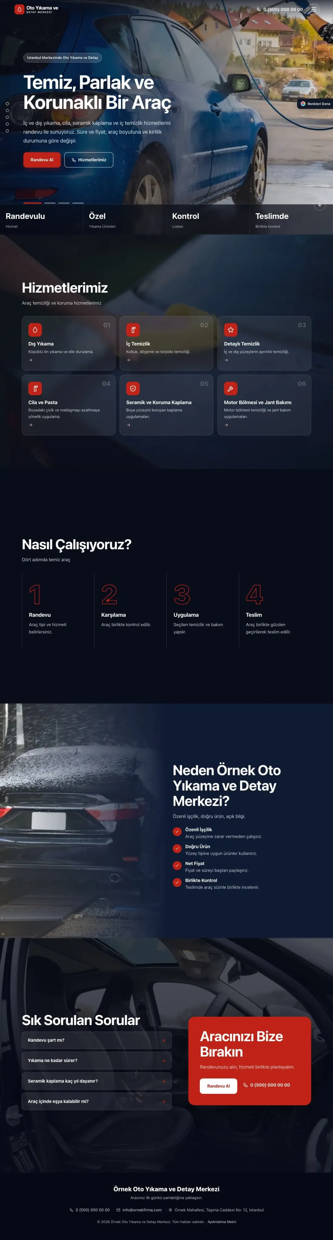 Oto Yıkama için Tam Ekran Mavi Kırmızı – Oto Yıkama Web Sitesi ana sayfa görünümü