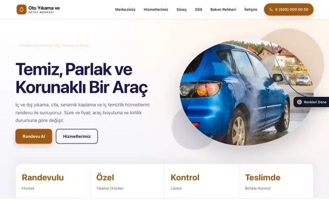 Oto Yıkama için Tek Sayfa Lacivert Turuncu – Oto Yıkama Web Sitesi ana sayfa görünümü