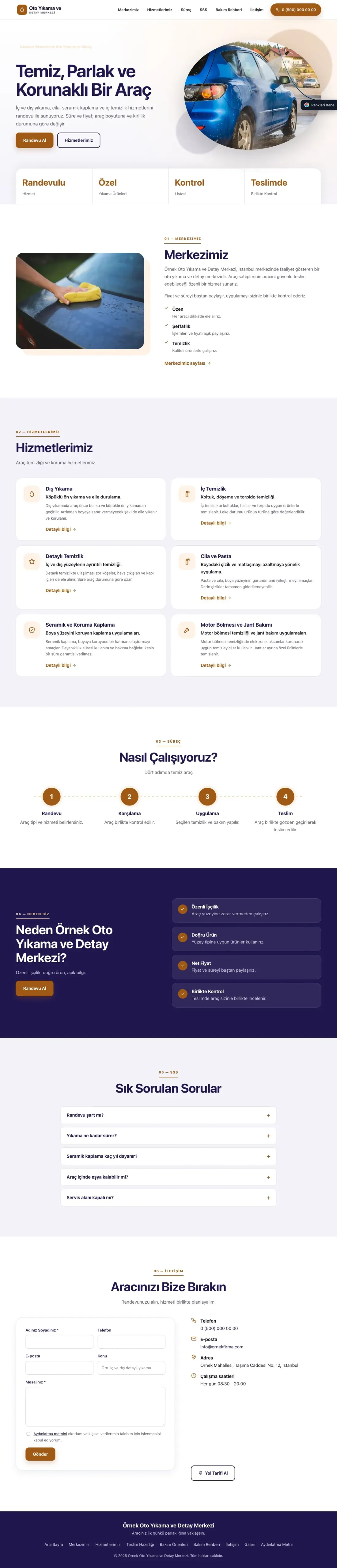 Oto Yıkama için Tek Sayfa Lacivert Turuncu – Oto Yıkama Web Sitesi ana sayfa görünümü