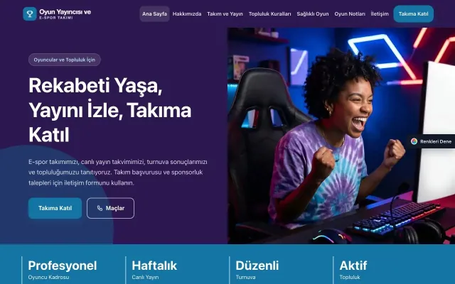Oyun Yayıncısı ve E-spor Takımı için Blok Mor Mavi – Oyun Yayıncısı ve E-spor Takımı Web Sitesi ana sayfa görünümü