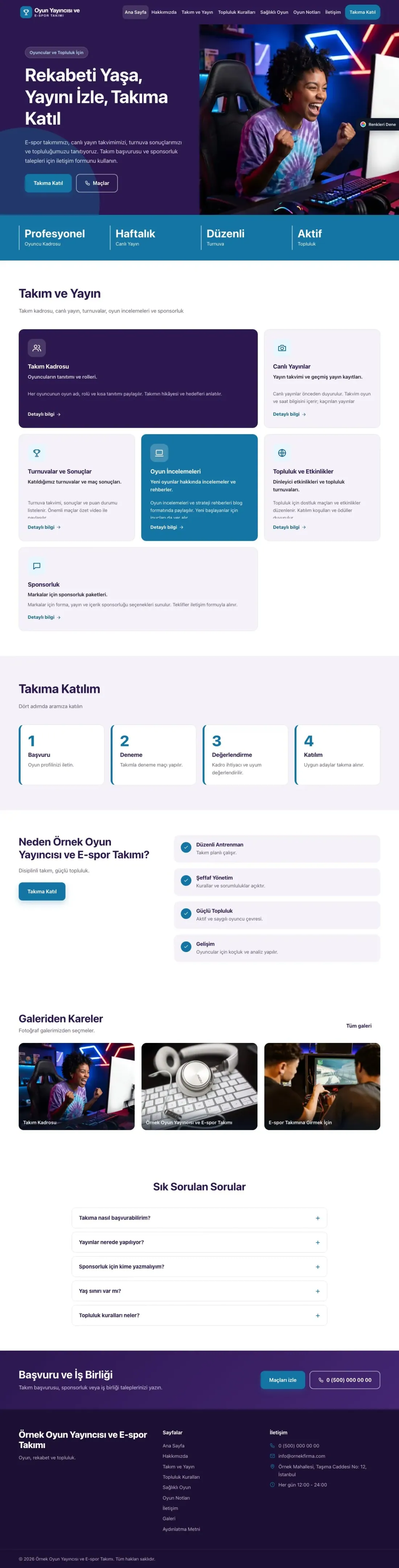 Oyun Yayıncısı ve E-spor Takımı için Blok Mor Mavi – Oyun Yayıncısı ve E-spor Takımı Web Sitesi ana sayfa görünümü