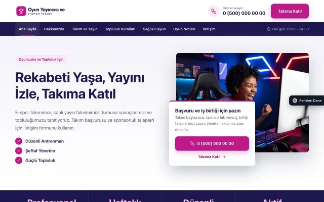 Oyun Yayıncısı ve E-spor Takımı için Bölünmüş Lacivert Pembe – Oyun Yayıncısı ve E-spor Takımı Web Sitesi ana sayfa görünümü