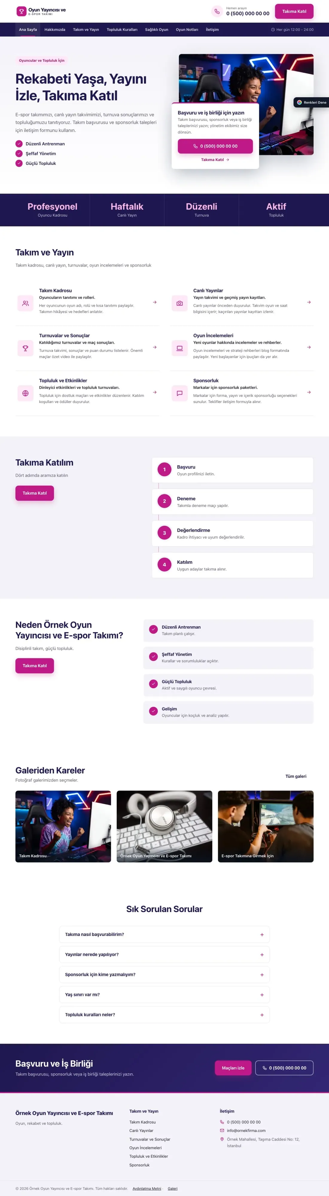 Oyun Yayıncısı ve E-spor Takımı için Bölünmüş Lacivert Pembe – Oyun Yayıncısı ve E-spor Takımı Web Sitesi ana sayfa görünümü