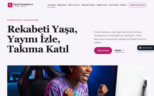 Oyun Yayıncısı ve E-spor Takımı için Dergi Editoryal Mor Pembe – Oyun Yayıncısı ve E-spor Takımı Web Sitesi ana sayfa görünümü