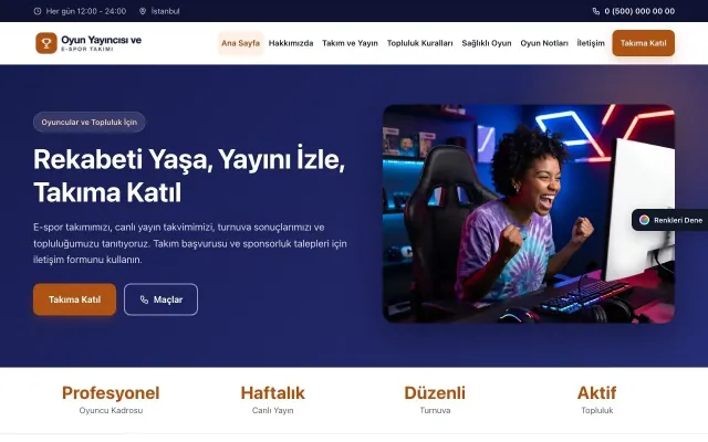 Oyun Yayıncısı ve E-spor Takımı için Klasik Lacivert Turuncu – Oyun Yayıncısı ve E-spor Takımı Web Sitesi ana sayfa görünümü