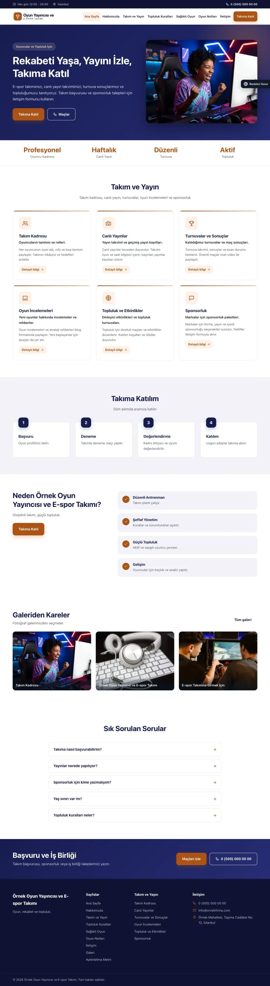 Oyun Yayıncısı ve E-spor Takımı için Klasik Lacivert Turuncu – Oyun Yayıncısı ve E-spor Takımı Web Sitesi ana sayfa görünümü