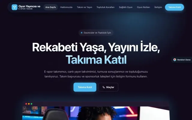 Oyun Yayıncısı ve E-spor Takımı için Koyu Modern Mor Mavi – Oyun Yayıncısı ve E-spor Takımı Web Sitesi ana sayfa görünümü