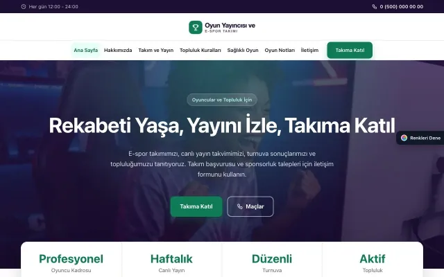 Oyun Yayıncısı ve E-spor Takımı için Merkez Mor Turkuaz – Oyun Yayıncısı ve E-spor Takımı Web Sitesi ana sayfa görünümü