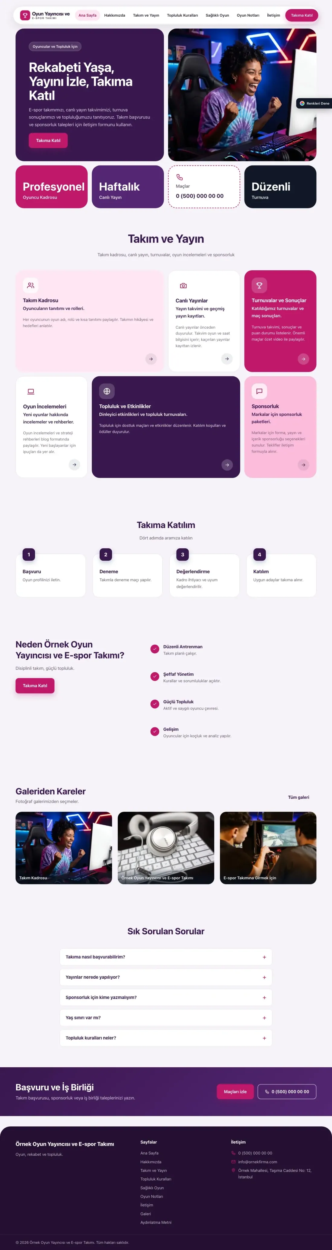 Oyun Yayıncısı ve E-spor Takımı için Mozaik Mor Pembe – Oyun Yayıncısı ve E-spor Takımı Web Sitesi ana sayfa görünümü
