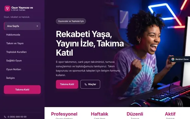 Oyun Yayıncısı ve E-spor Takımı için Sol Menü Mor Pembe – Oyun Yayıncısı ve E-spor Takımı Web Sitesi ana sayfa görünümü
