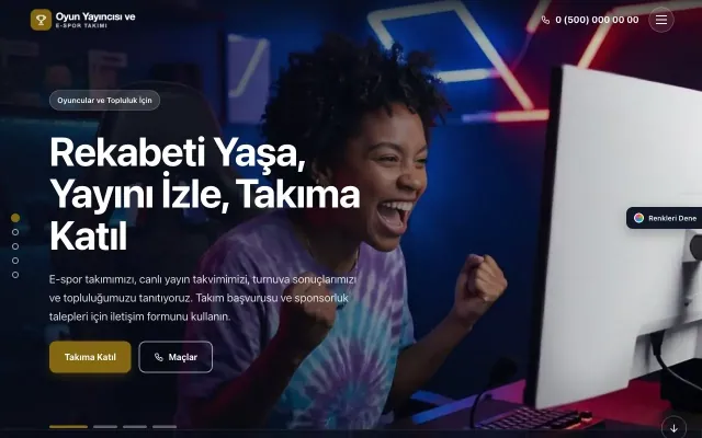 Oyun Yayıncısı ve E-spor Takımı için Tam Ekran Mor Amber – Oyun Yayıncısı ve E-spor Takımı Web Sitesi ana sayfa görünümü