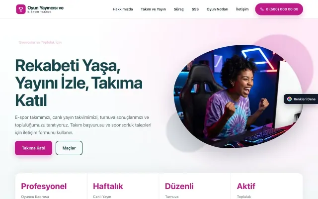 Oyun Yayıncısı ve E-spor Takımı için Tek Sayfa Petrol Pembe – Oyun Yayıncısı ve E-spor Takımı Web Sitesi ana sayfa görünümü