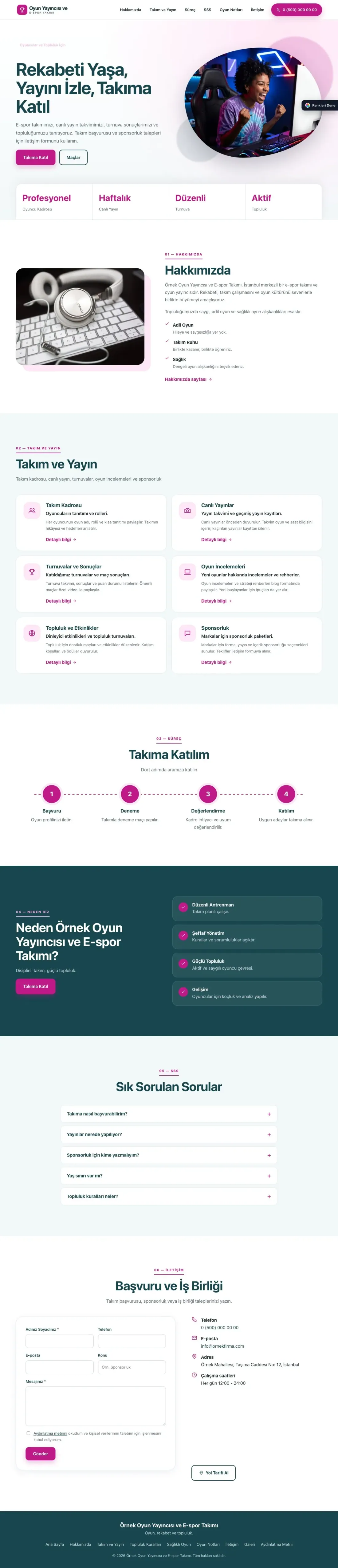 Oyun Yayıncısı ve E-spor Takımı için Tek Sayfa Petrol Pembe – Oyun Yayıncısı ve E-spor Takımı Web Sitesi ana sayfa görünümü