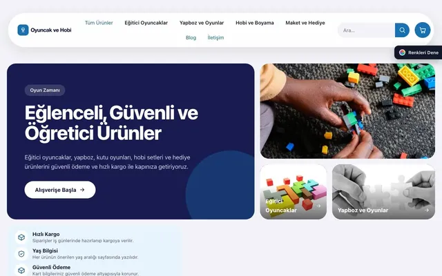Oyuncak ve Hobi Mağazası için Bento Lacivert Mavi – Oyuncak ve Hobi Mağazası E-ticaret Sitesi ana sayfa görünümü