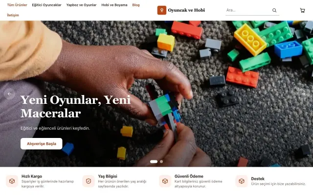 Oyuncak ve Hobi Mağazası için Butik Bordo Turuncu – Oyuncak ve Hobi Mağazası E-ticaret Sitesi ana sayfa görünümü