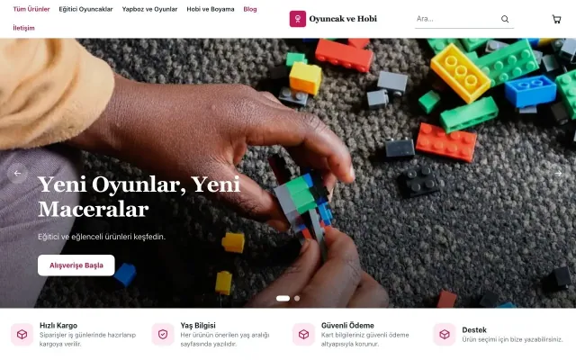 Oyuncak ve Hobi Mağazası için Butik Mavi Pembe – Oyuncak ve Hobi Mağazası E-ticaret Sitesi ana sayfa görünümü