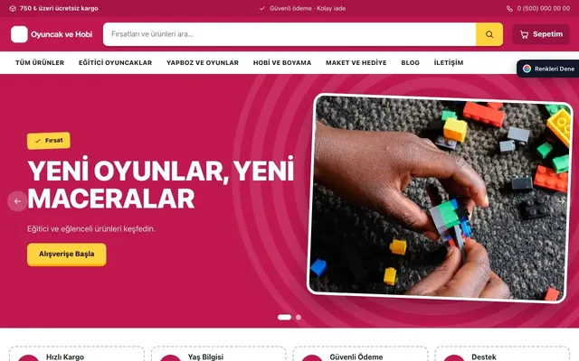 Oyuncak ve Hobi Mağazası için Kampanya Yeşil Pembe – Oyuncak ve Hobi Mağazası E-ticaret Sitesi ana sayfa görünümü