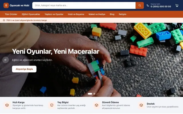 Oyuncak ve Hobi Mağazası için Market Mavi Turuncu – Oyuncak ve Hobi Mağazası E-ticaret Sitesi ana sayfa görünümü