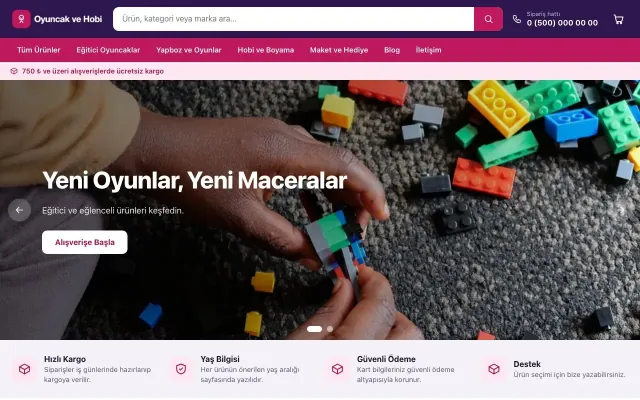 Oyuncak ve Hobi Mağazası için Market Mor Pembe – Oyuncak ve Hobi Mağazası E-ticaret Sitesi ana sayfa görünümü